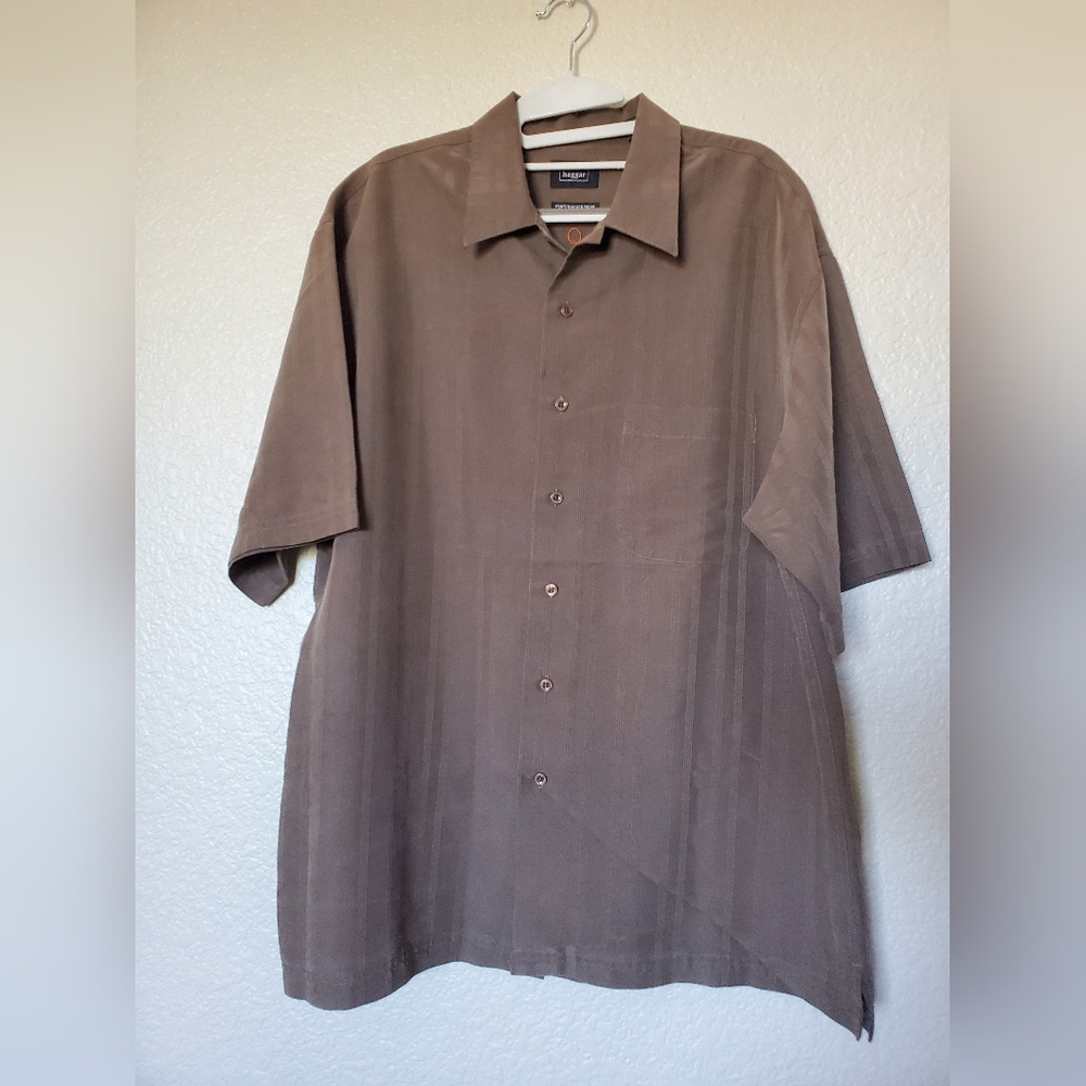VTG Haggar Performance Wear Brown Short Sleeve Button Up Casual Shirt Mens Large
